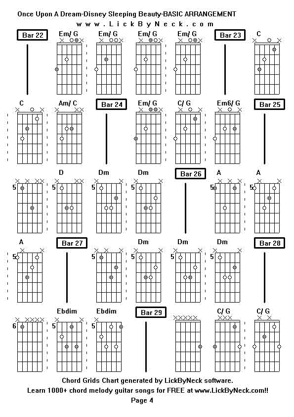 Chord Grids Chart of chord melody fingerstyle guitar song-Once Upon A Dream-Disney Sleeping Beauty-BASIC ARRANGEMENT,generated by LickByNeck software.